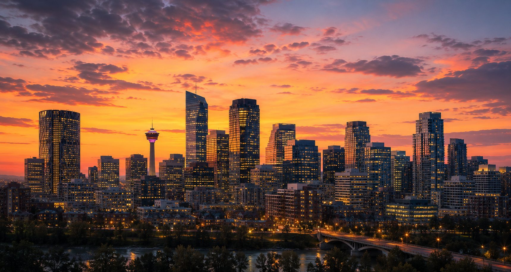 The Calgary skyline at dusk