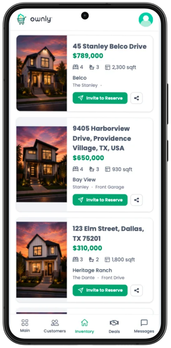Ownly Sales App showing shareable property listings with Invite to Reserve buttons